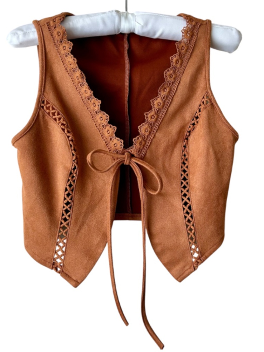 Faux Suede Vest Rustic Burnt Orange Crochet Trim Accent Tie Front Western Small - Picture 9 of 9